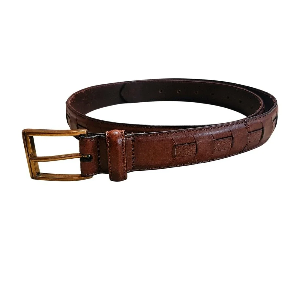 Fossil Belt Mens‎ 32 Brown Genuine Leather Woven Braided Western Classic Brass